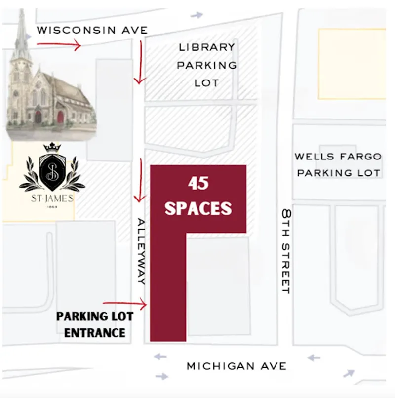 Parking map showing 45 spaces behind St. James, entrance from Michigan Ave